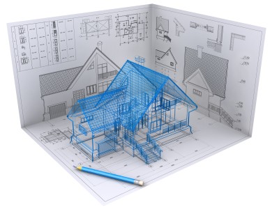 3D isometric view the residential house on architects drawing. Background image is my own.