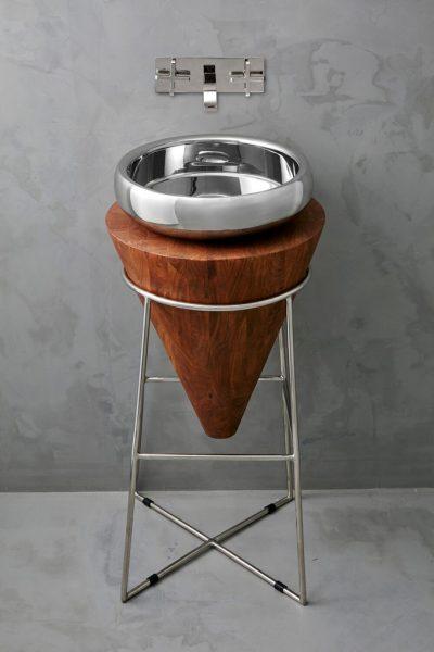 8212 PEDESTAL REDONDO ACACIA + 8310 LAVABO ACERO REDONDO BRILLO